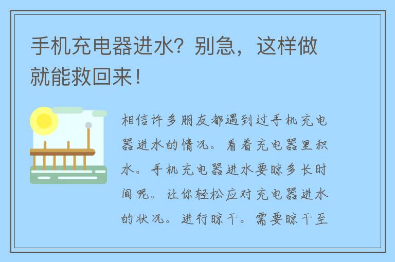 手机充电器进水？别急，这样做就能救回来！