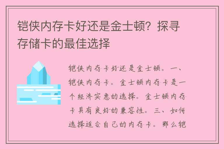 铠侠内存卡好还是金士顿？探寻存储卡的最佳选择