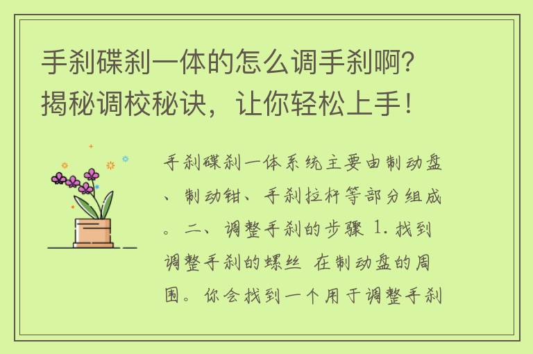 手刹碟刹一体的怎么调手刹啊？揭秘调校秘诀，让你轻松上手！