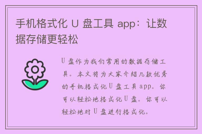 手机格式化 U 盘工具 app：让数据存储更轻松