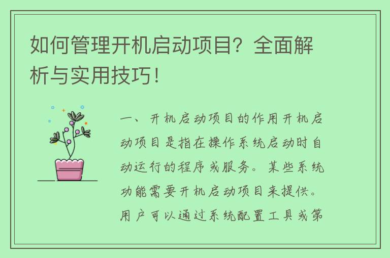 如何管理开机启动项目？全面解析与实用技巧！