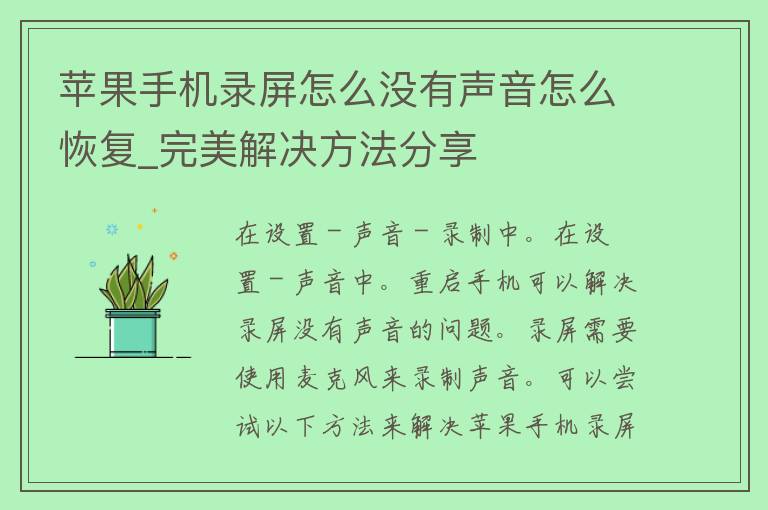 苹果手机录屏怎么没有声音怎么恢复_完美解决方法分享