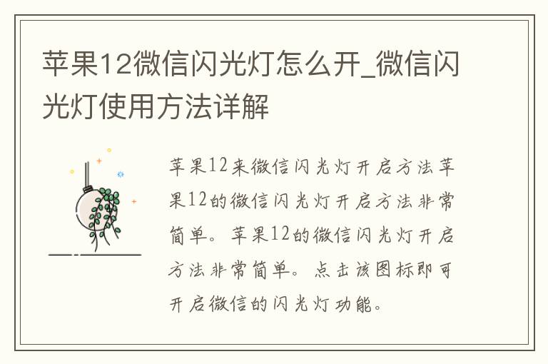 苹果12微信闪光灯怎么开_微信闪光灯使用方法详解