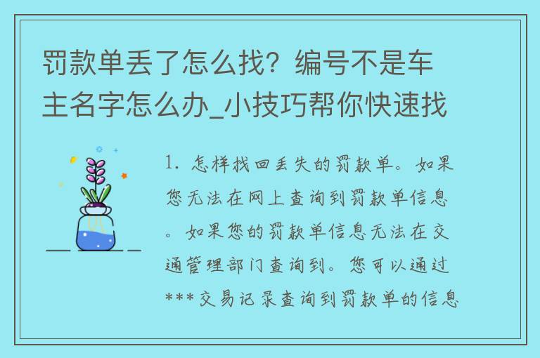 罚款单丢了怎么找？编号不是车主名字怎么办_小技巧帮你快速找到罚单信息