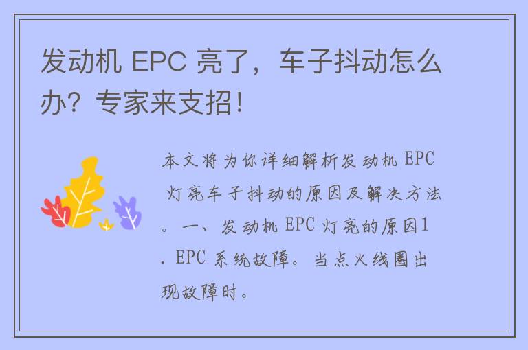 发动机 EPC 亮了，车子抖动怎么办？专家来支招！