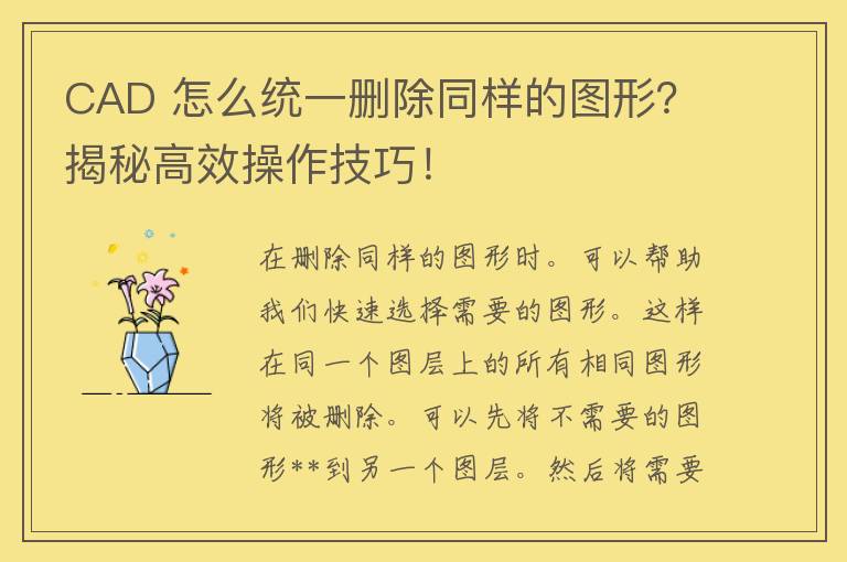 CAD 怎么统一删除同样的图形？揭秘高效操作技巧！