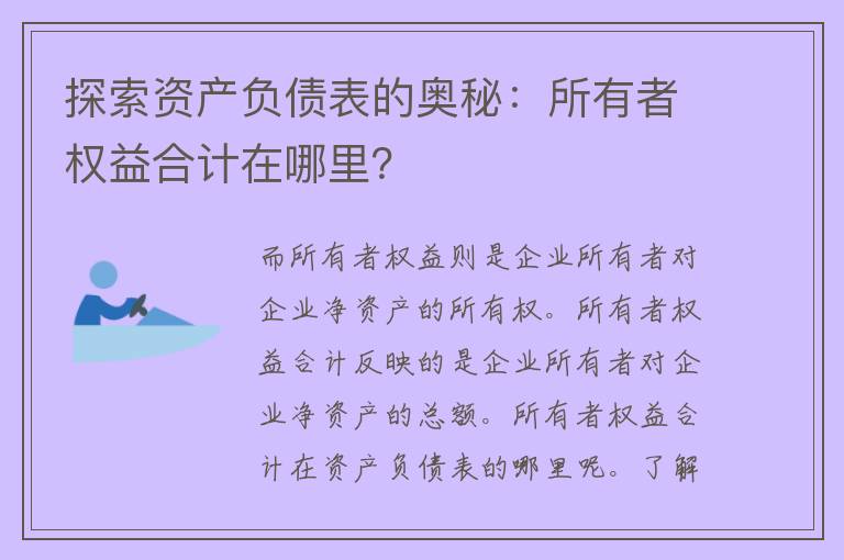 探索资产负债表的奥秘：所有者权益合计在哪里？