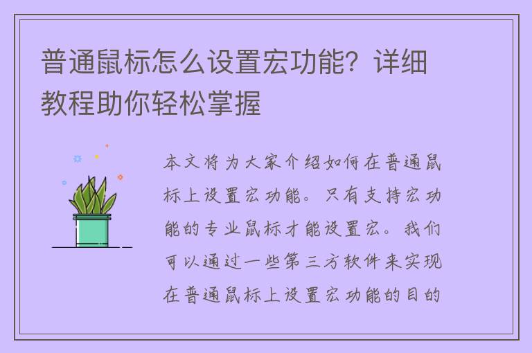 普通鼠标怎么设置宏功能？详细教程助你轻松掌握