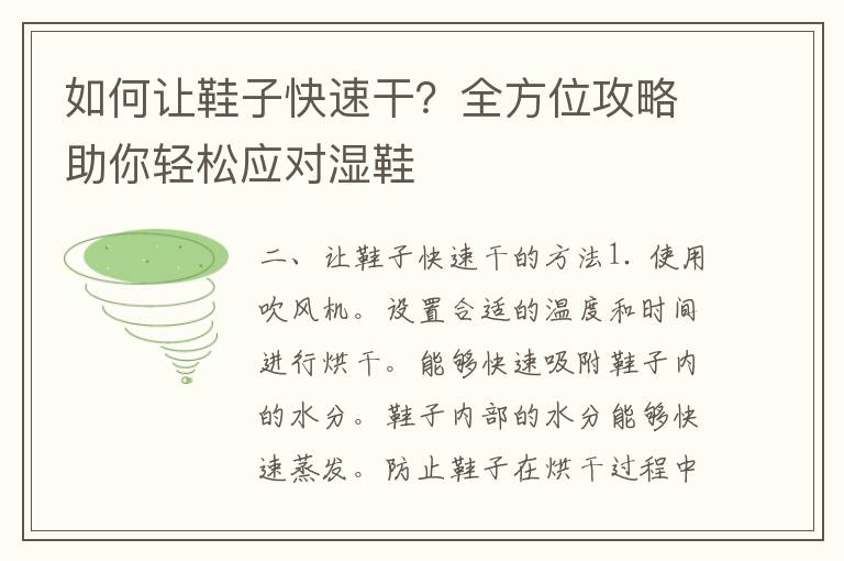 如何让鞋子快速干？全方位攻略助你轻松应对湿鞋