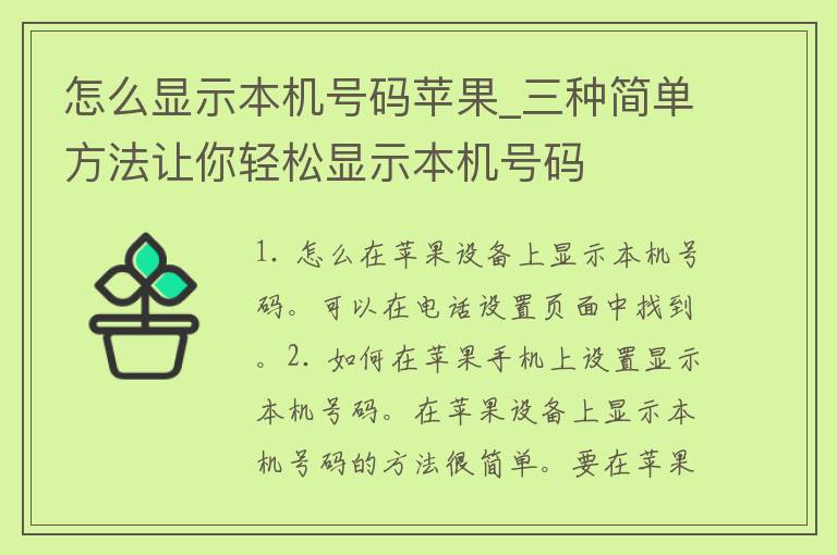 怎么显示本机号码苹果_三种简单方法让你轻松显示本机号码