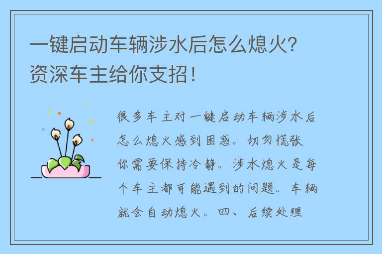 一键启动车辆涉水后怎么熄火？资深车主给你支招！