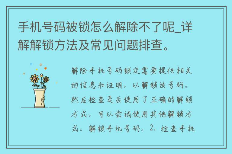 手机号码被锁怎么解除不了呢_详解解锁方法及常见问题排查。