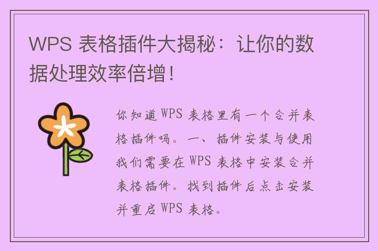 WPS 表格插件大揭秘：让你的数据处理效率倍增！