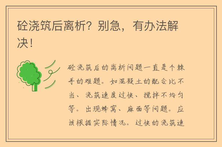 砼浇筑后离析？别急，有办法解决！