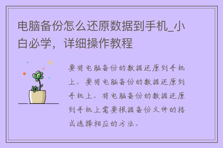 电脑备份怎么还原数据到手机_小白必学，详细操作教程