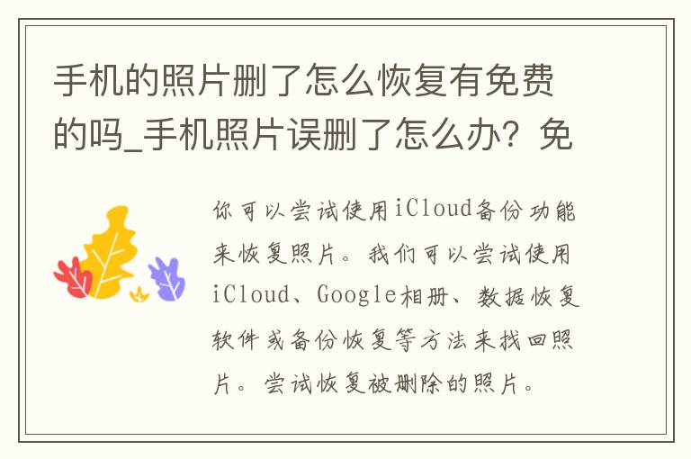 手机的照片删了怎么恢复有免费的吗_手机照片误删了怎么办？免费恢复照片的方法分享