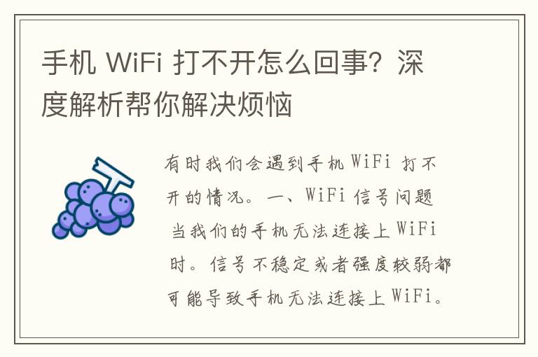 手机 WiFi 打不开怎么回事？深度解析帮你解决烦恼