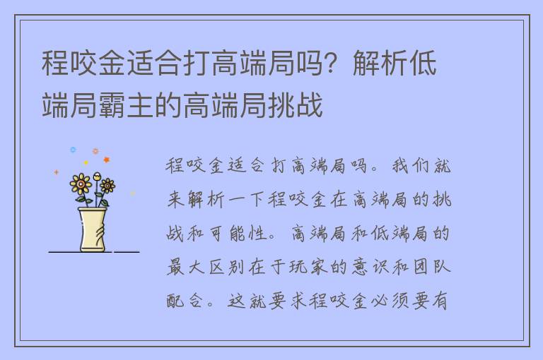 程咬金适合打高端局吗？解析低端局霸主的高端局挑战