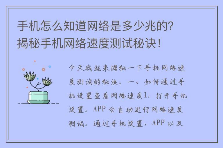 手机怎么知道网络是多少兆的？揭秘手机网络速度测试秘诀！